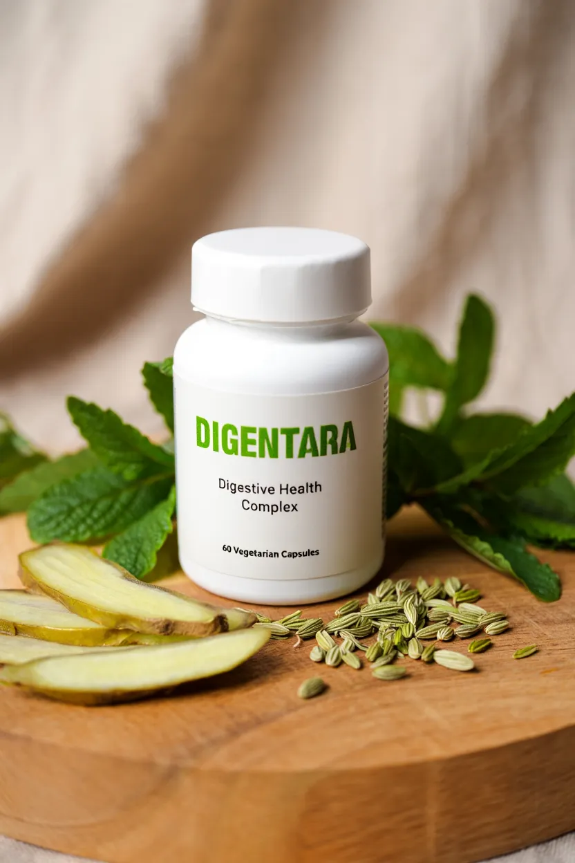 Digentara natural supplement bottle with botanical ingredients displayed on a wooden surface